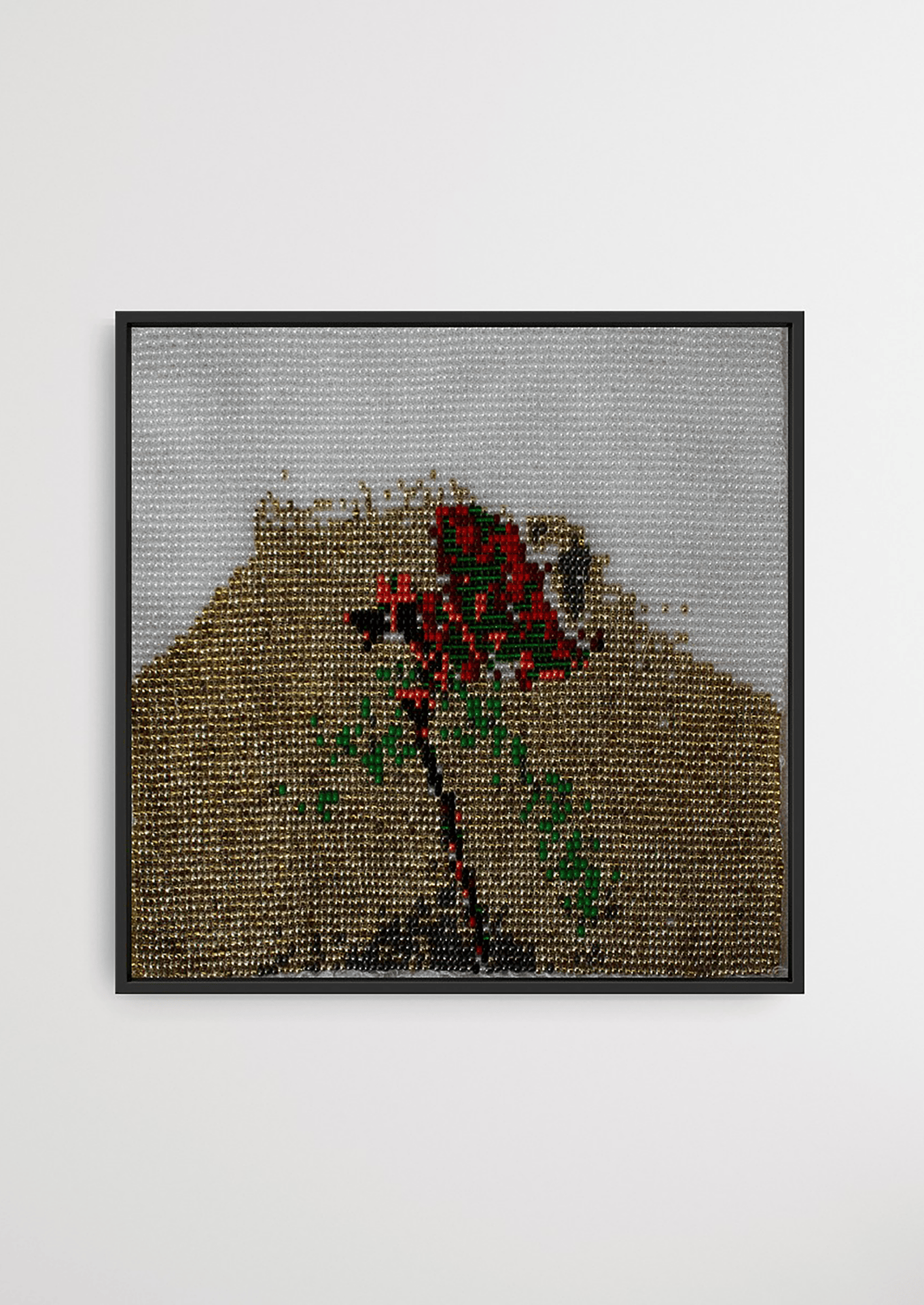Framed budding spring branches glass bead artwork, traditional Gujarati handicraft wall decor.