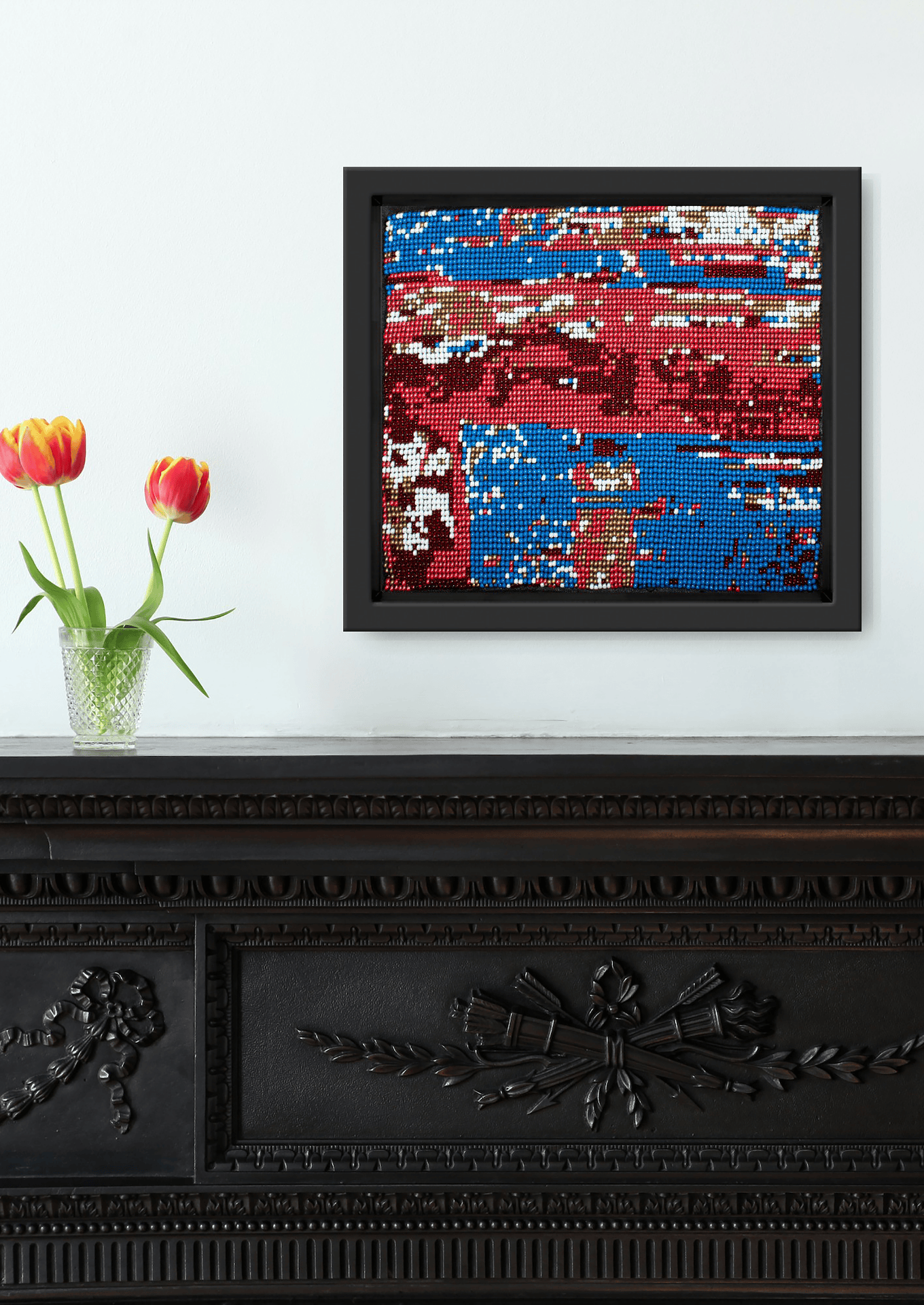 Symmetrical hand-stitched glass bead design on cotton fabric, authentic Indian handicraft decor.