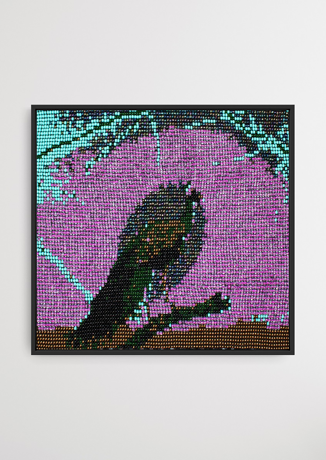 Framed purple peacock glass bead artwork, handcrafted Gujarati heirloom bead-loom wall decor.