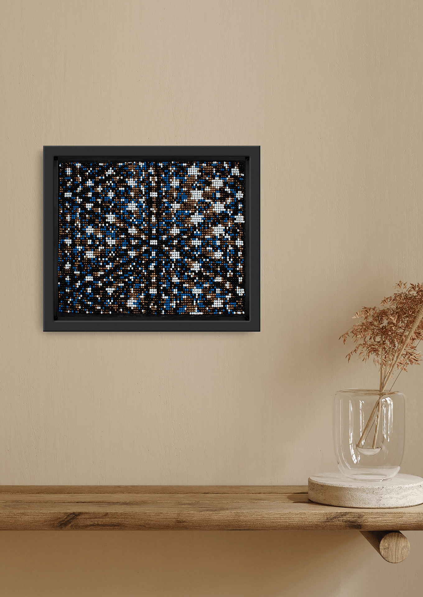 Bright reflective bead-loom wall art styled in a modern room, premium Indian interior decoration.