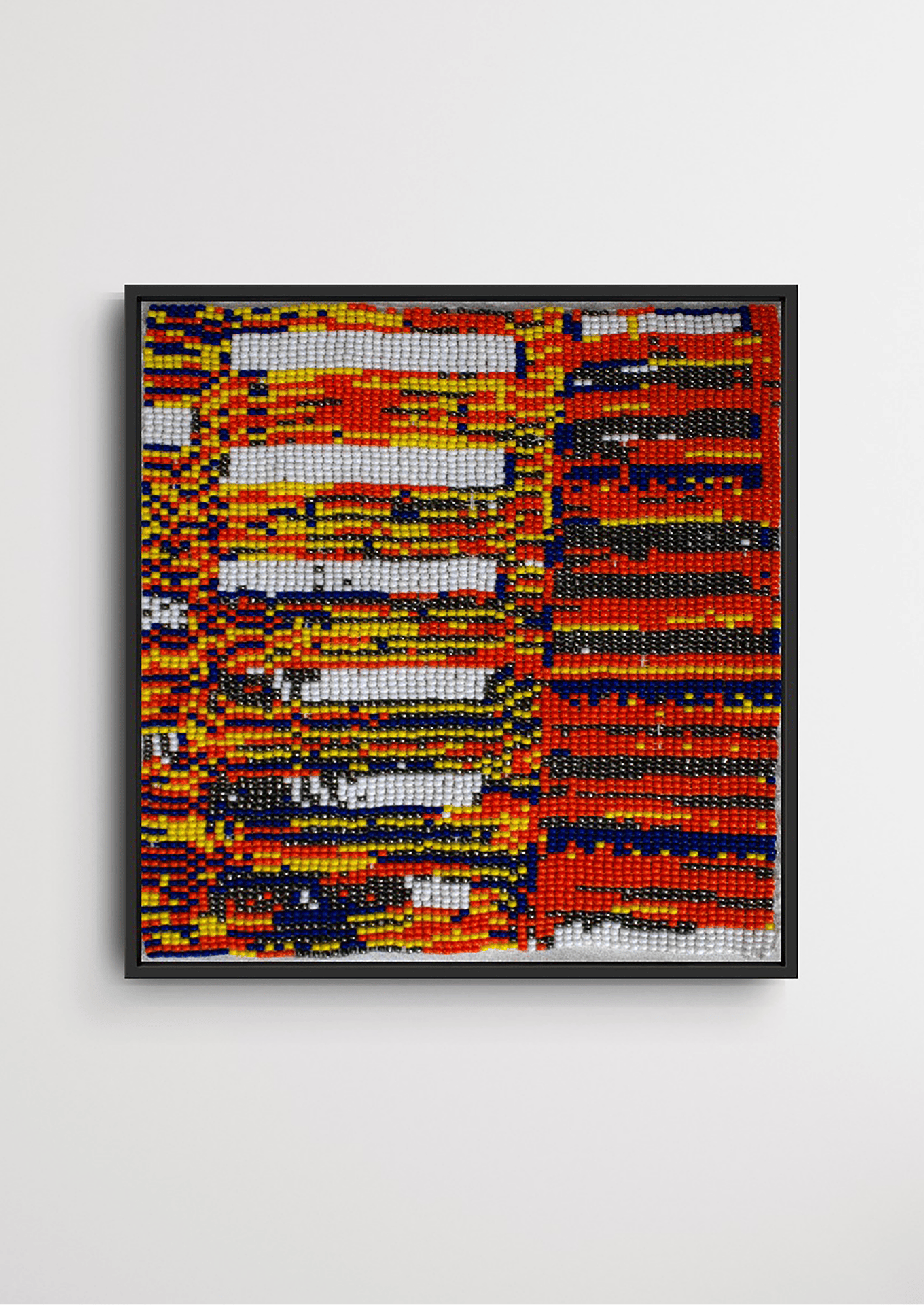 Framed multi-colored intricate geometric glass bead artwork, traditional Gujarati heirloom wall decor.