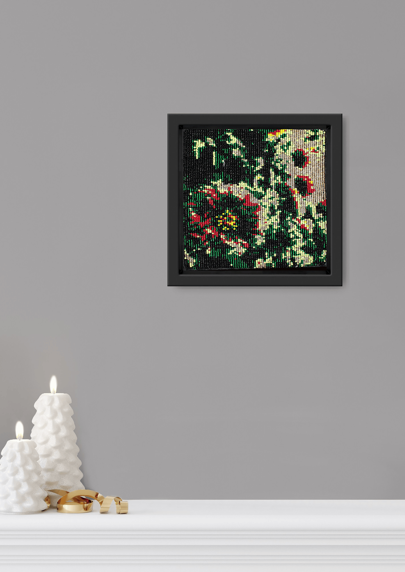 Dense radiant floral bead-loom art displayed in a bright interior, luxury Indian heirloom decor.