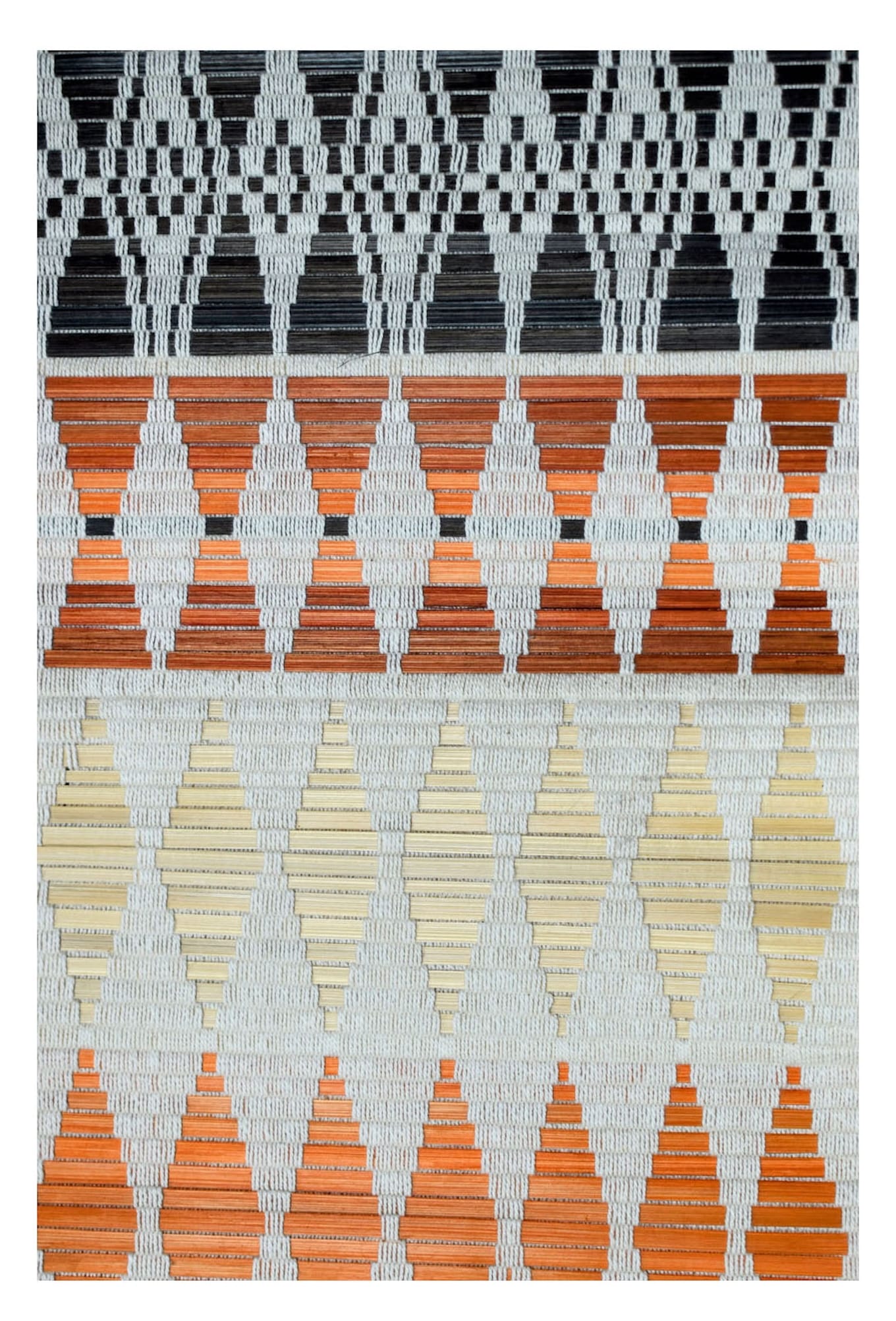 Framed vertical woven bamboo and cotton scroll, authentic Nagaland backstrap loom wall art.