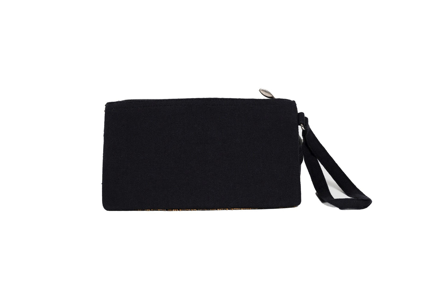 Rear view of sparkling gold beadwork on a compact Bareilly artisan pouch, authentic Indian fashion.