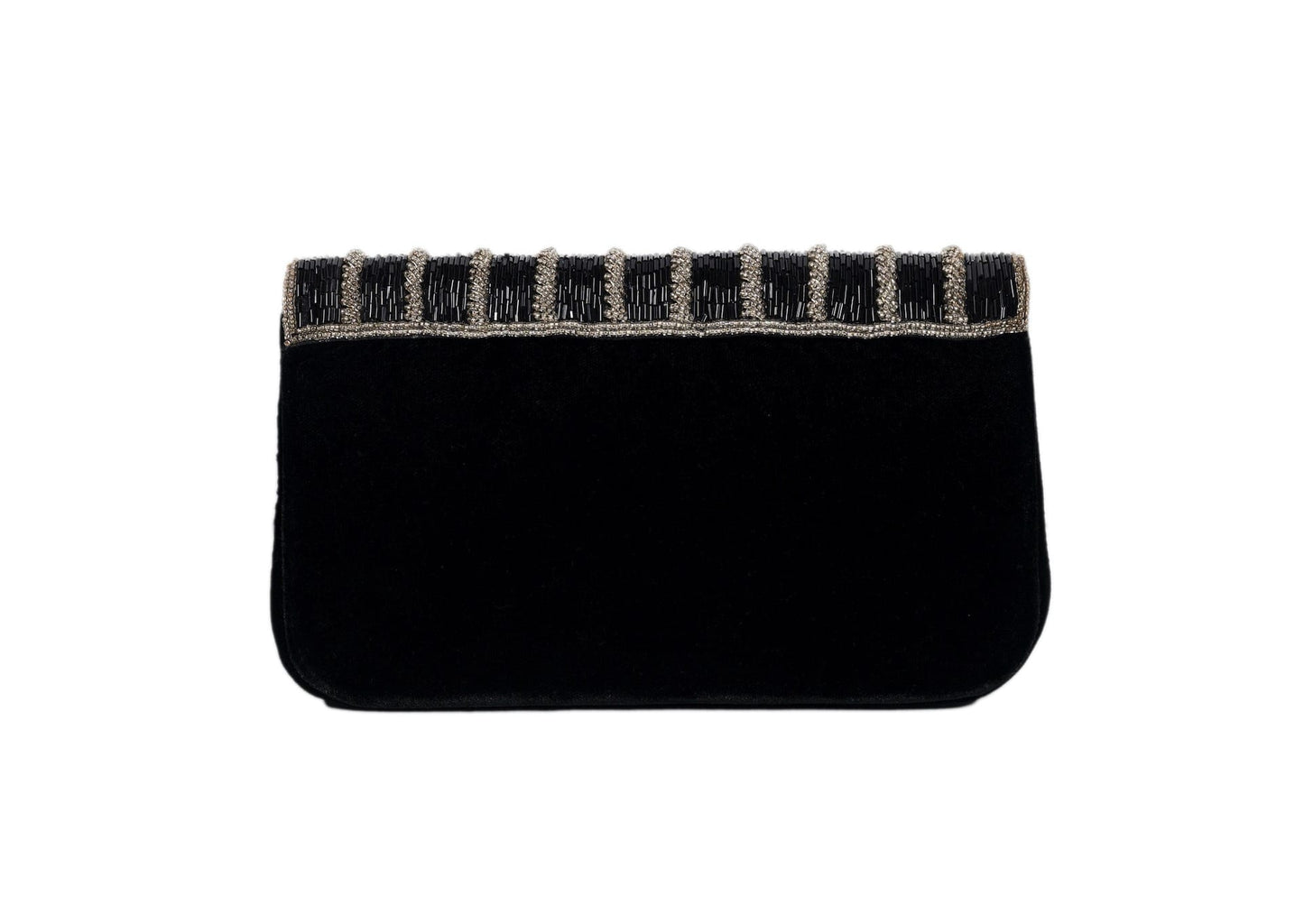 Rear view of black evening purse with silver wave pattern beadwork, premium Indian handcrafted accessory.
