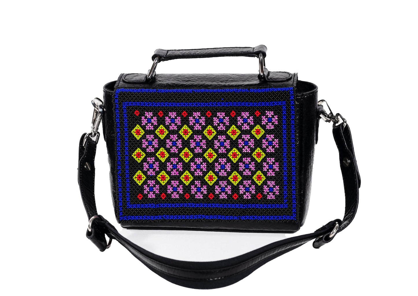 Intricate Czech glass geometric beadwork framed by cobalt blue, authentic Gujarati artisan bag.