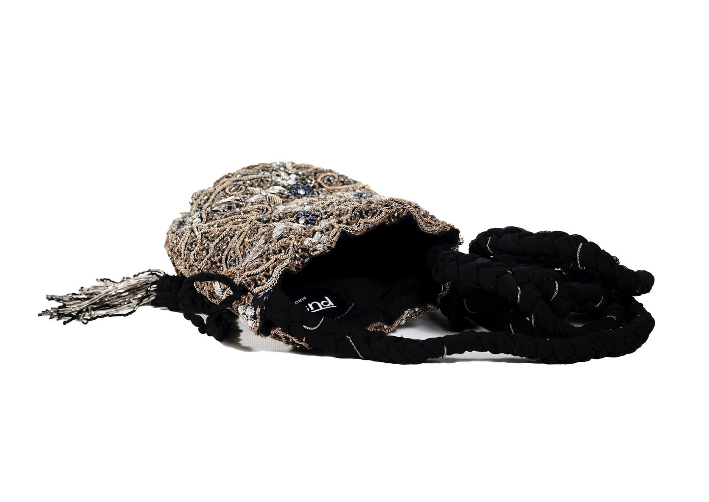 Another inside view of elongated silver beaded evening purse with tassels, handcrafted premium Indian accessory.