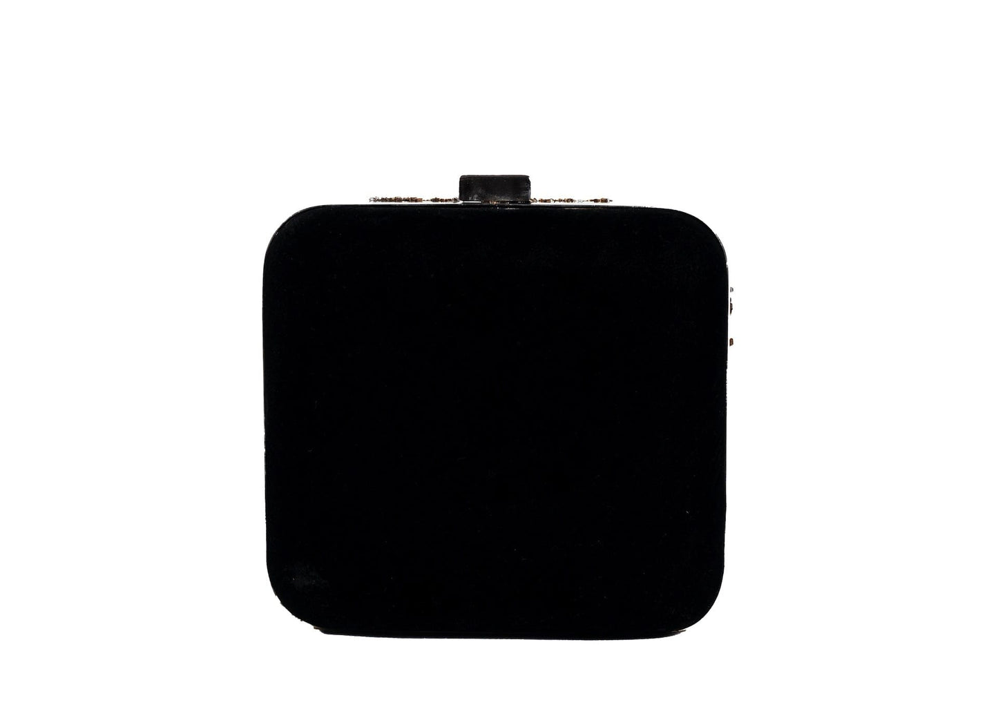 Rear view of black and gold checkerboard beaded evening clutch, handcrafted premium Indian luxury accessory.