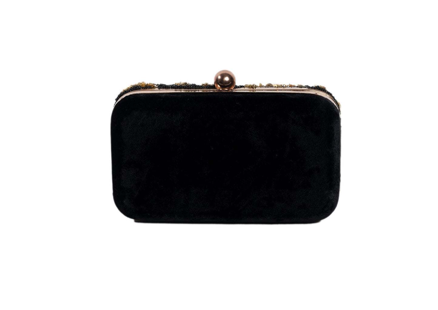Rear view of black evening clutch with crimson rose floral beadwork, premium Indian handcrafted accessory.