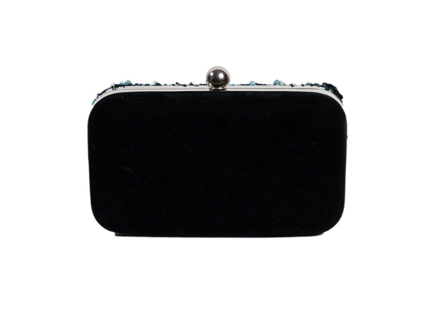 Rear view of deep teal evening clutch with vibrant wildflower beadwork, premium Indian handcrafted accessory.
