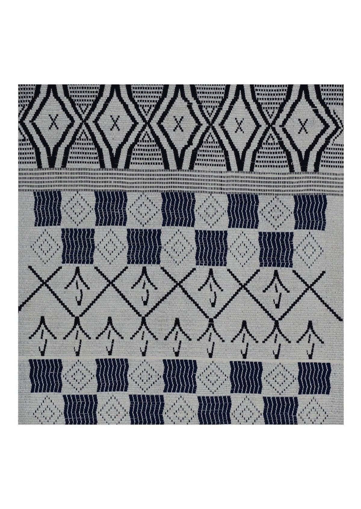 Framed 16x16 inch black and white woven cotton textile, traditional Nagaland backstrap loom art.