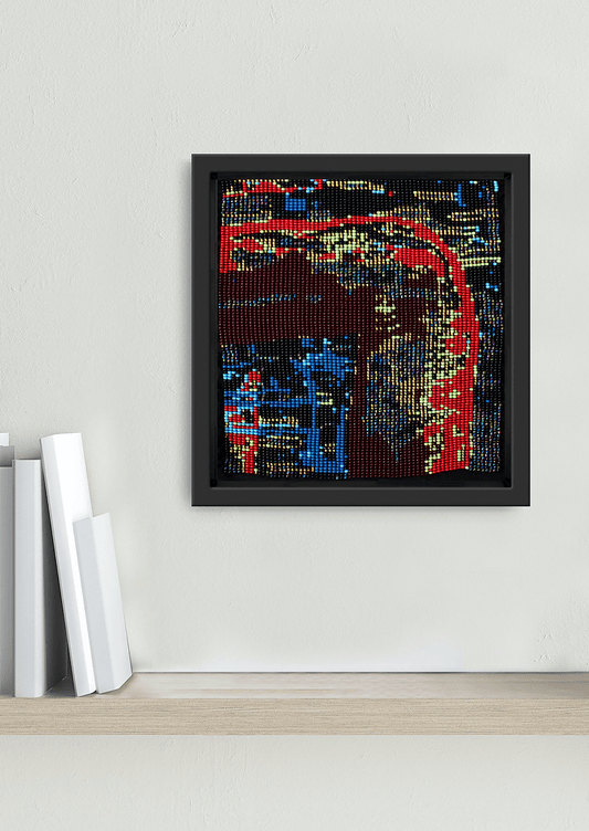 Framed dark abstract layered texture glass bead artwork, handcrafted Gujarati heirloom wall art.