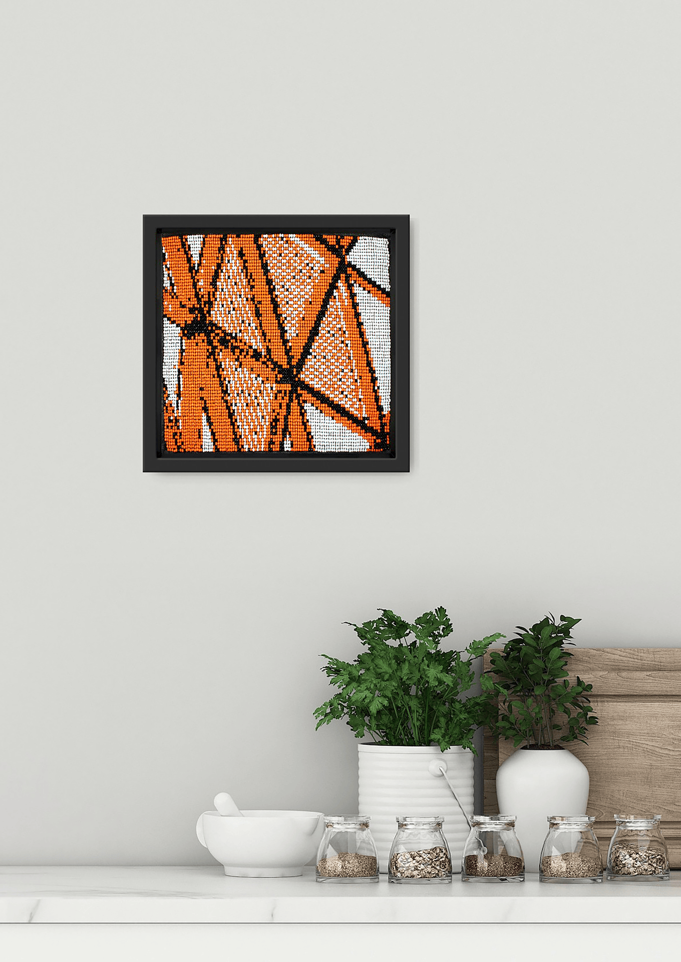 Framed orange geometric glass bead-loom artwork, handcrafted Gujarati heirloom wall decor.