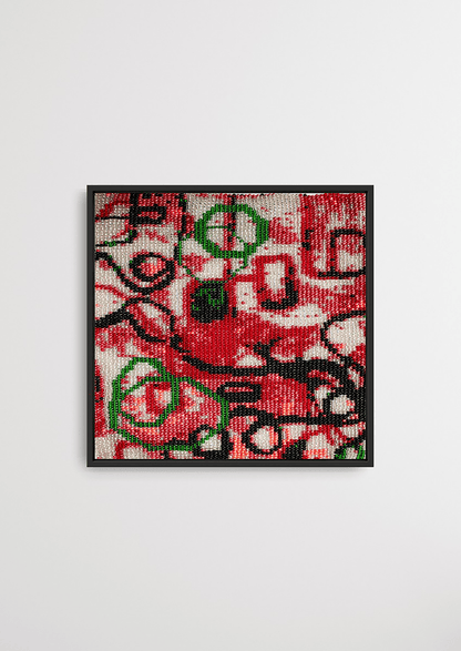Framed red and black curved organic glass bead artwork, handcrafted Gujarati beadwork decor.