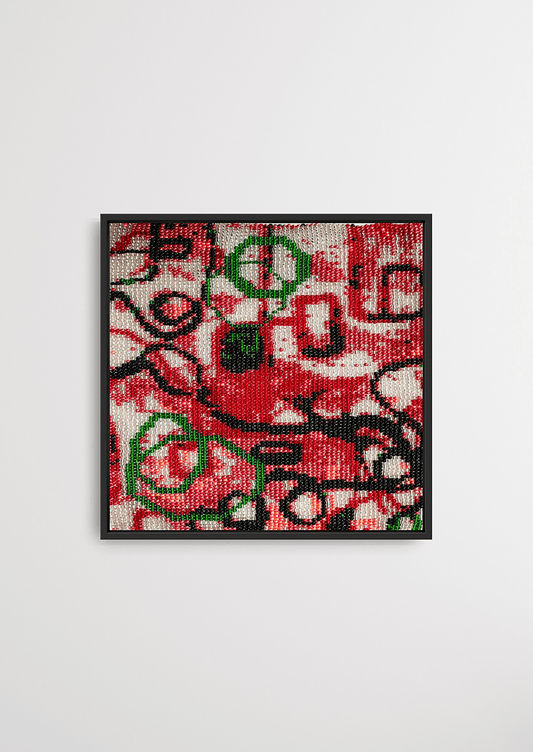 Framed red and black curved organic glass bead artwork, handcrafted Gujarati beadwork decor.