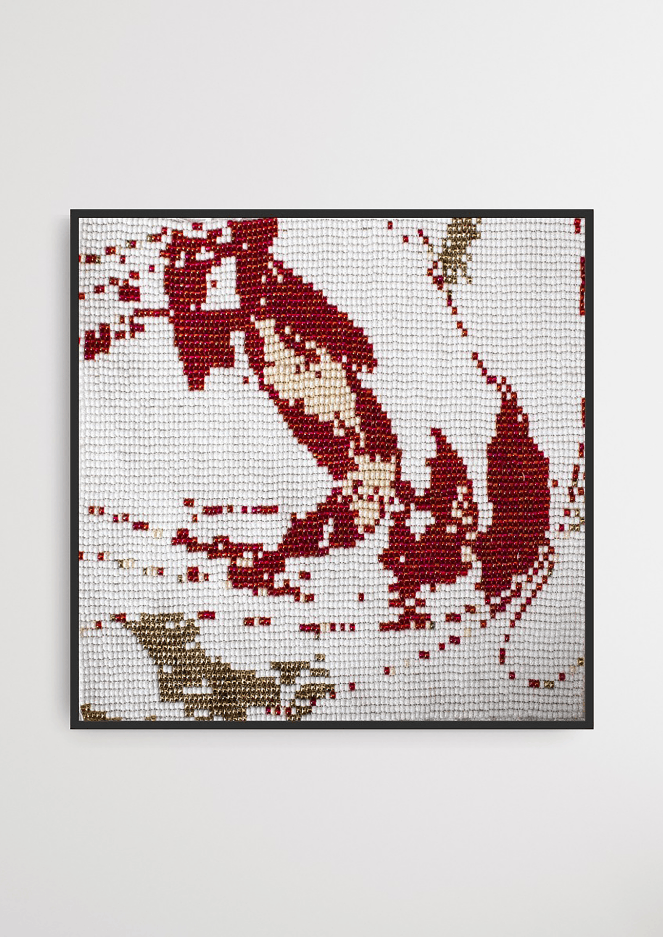 Framed red and white abstract glass bead-loom artwork, traditional Gujarati handicraft wall decor.