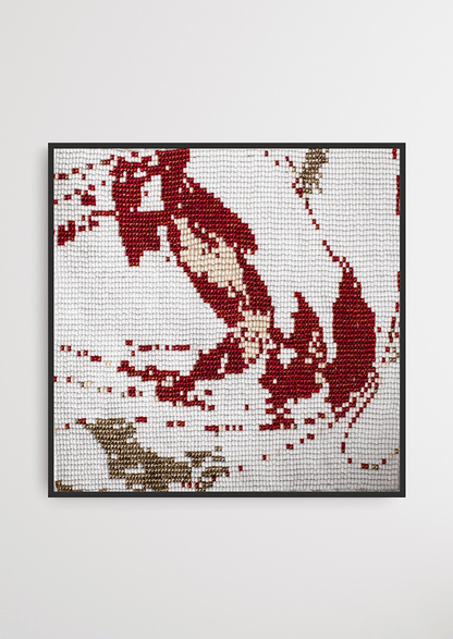 Framed red and white abstract glass bead-loom artwork, traditional Gujarati handicraft wall decor.