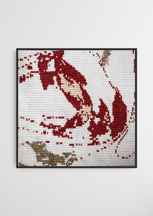 Framed red and white abstract glass bead-loom artwork, traditional Gujarati handicraft wall decor.