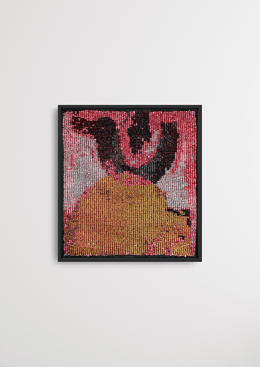 Framed metallic and pink glass bead-loom artwork, handwoven traditional Gujarati wall art decor.