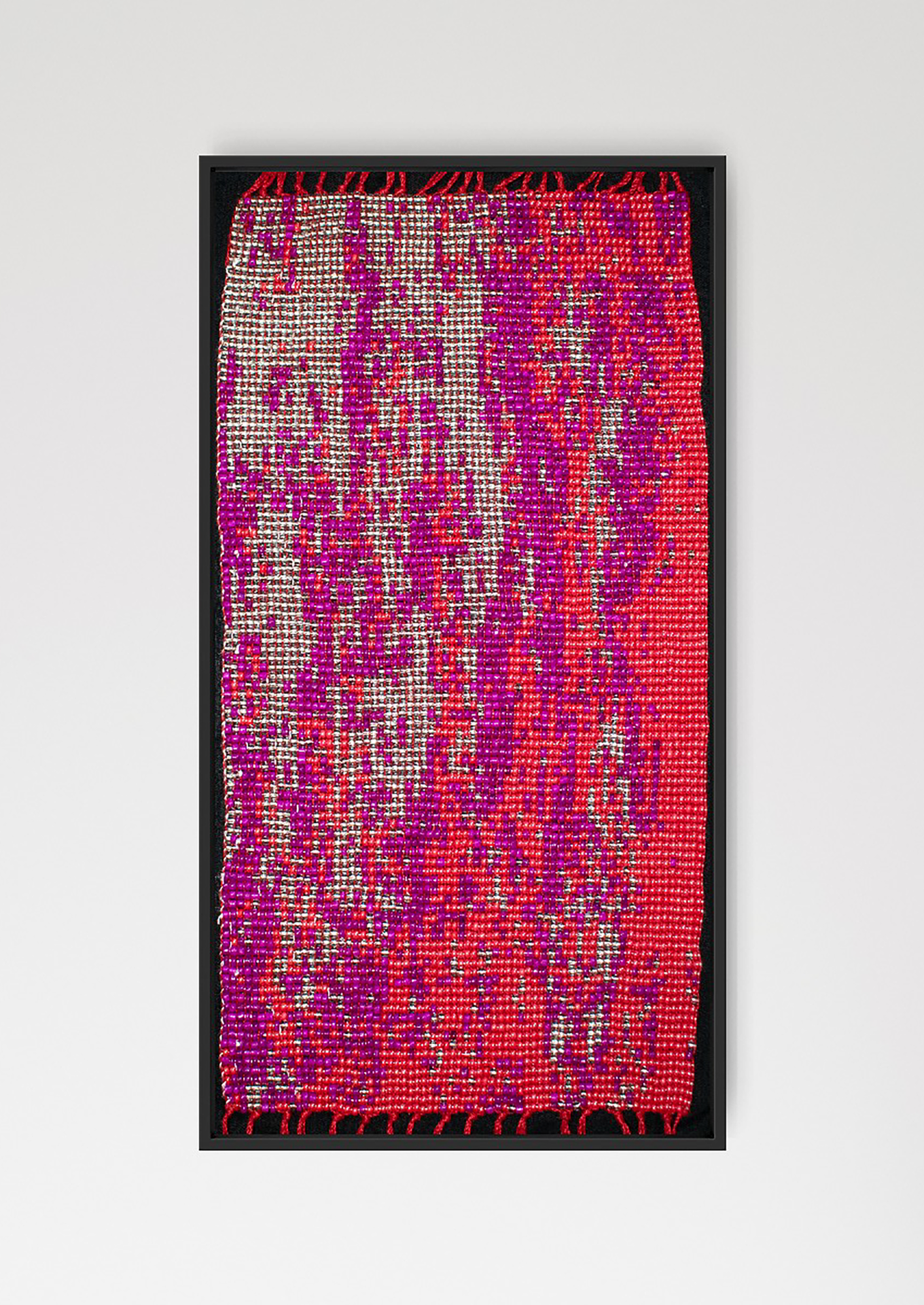 Framed magenta and pink textile structure glass bead artwork, handwoven Gujarati beadwork wall decor.
