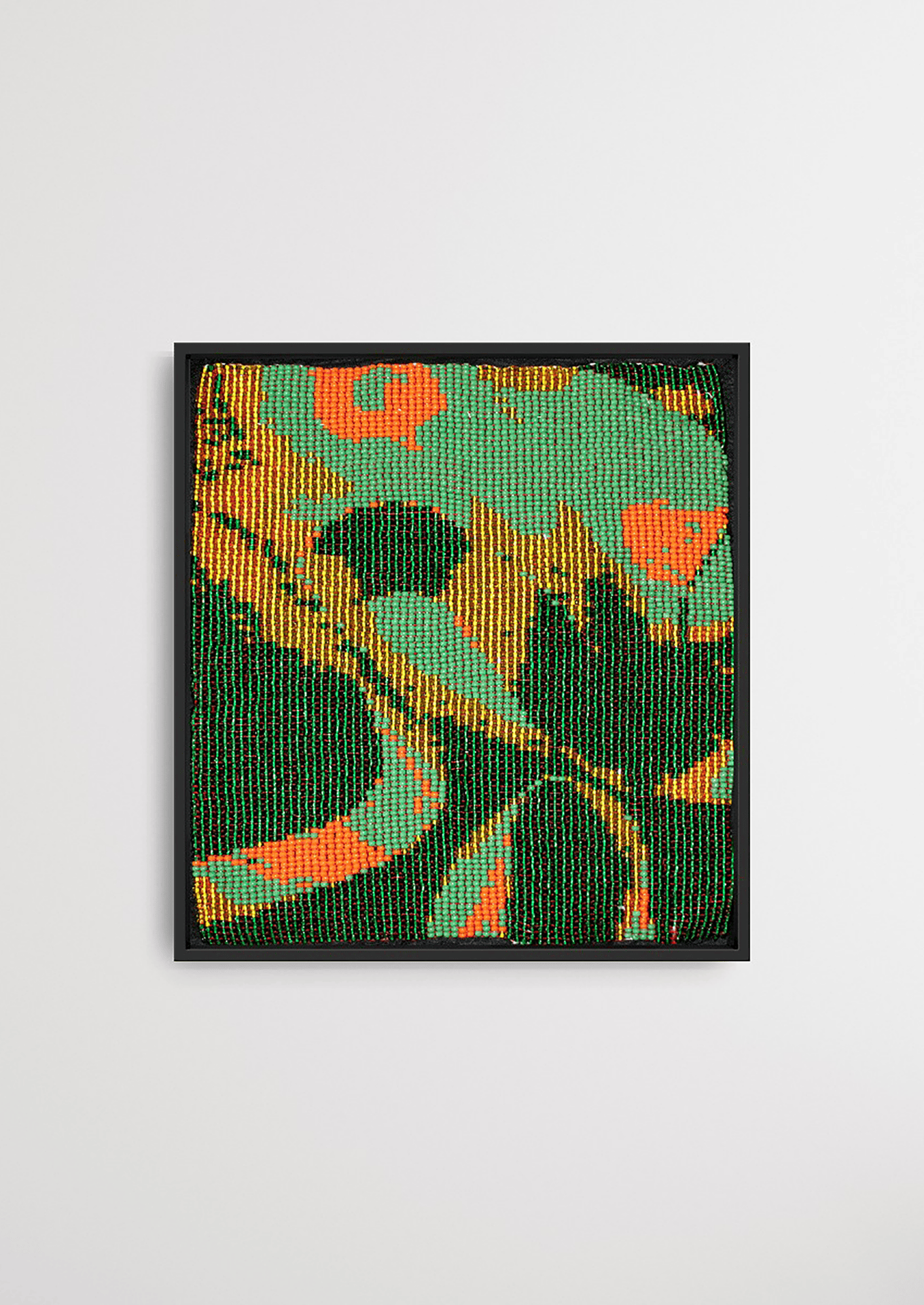 Framed green and orange wavy heartbeat pattern glass bead artwork, traditional Gujarati beadwork art.