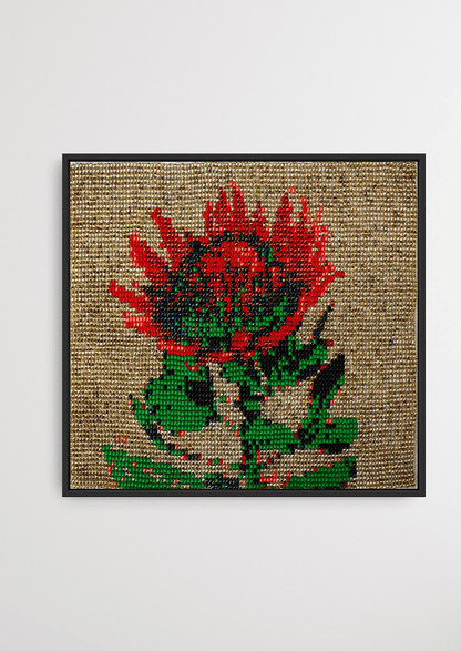 Framed red blossoming flower glass bead artwork, authentic Gujarati beadwork wall decoration.