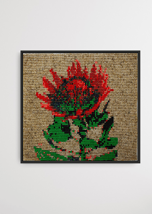 Framed red blossoming flower glass bead artwork, authentic Gujarati beadwork wall decoration.