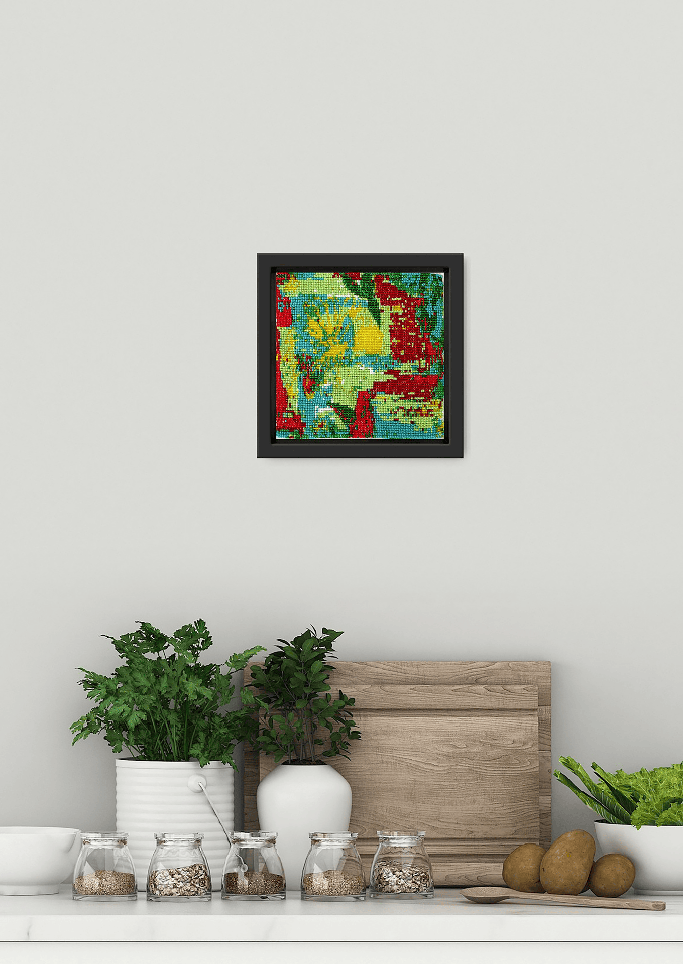Intricate cyclical beadwork piece displayed above wooden drawers, luxury Indian handicraft art.
