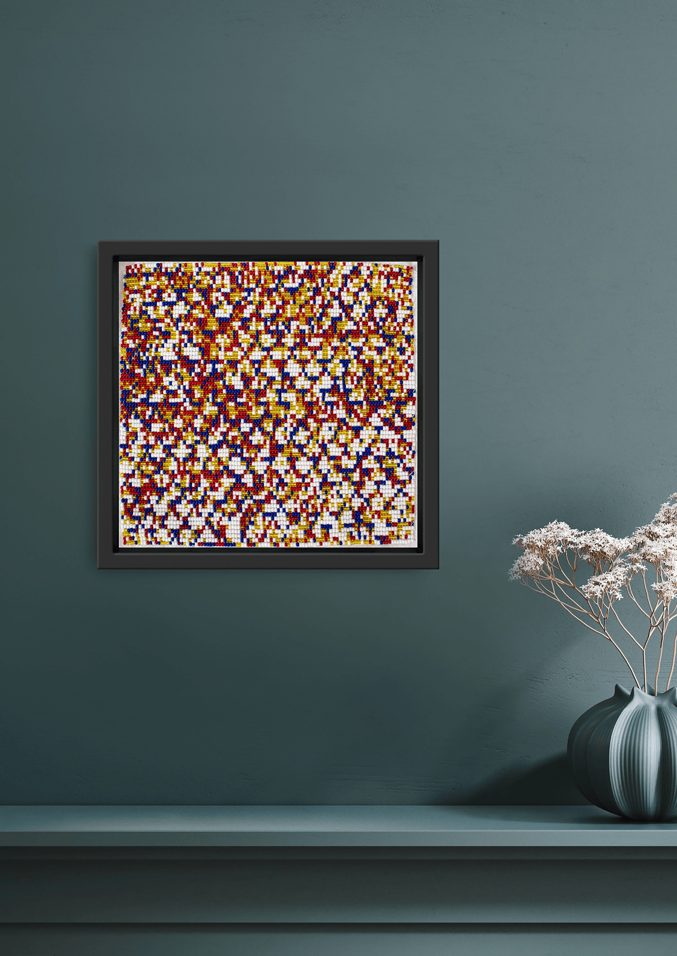 Framed intricate multi-colored maze glass bead artwork, handcrafted Gujarati heirloom decor.