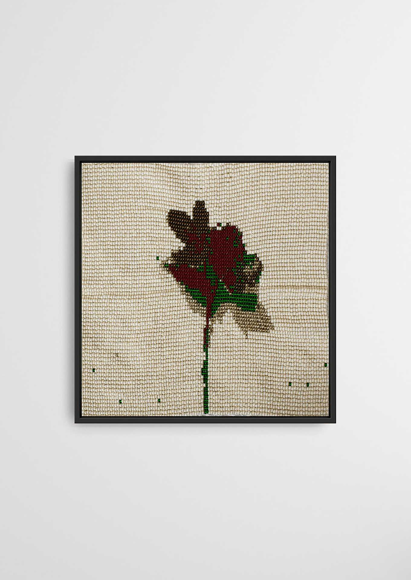 Detailed red petal motion stitched in glass beads on cotton, authentic Indian heirloom wall decor.