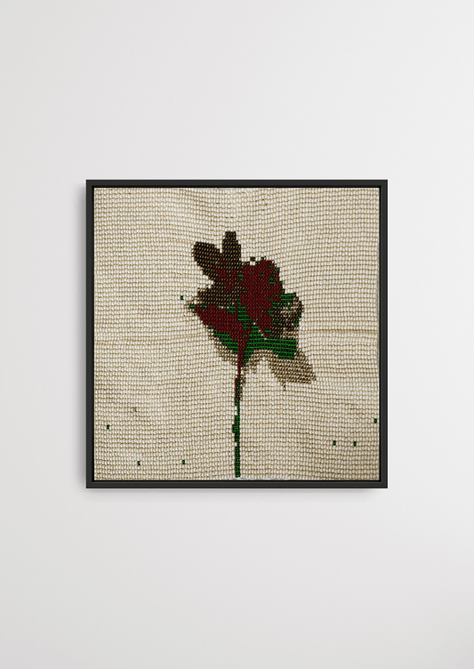 Detailed red petal motion stitched in glass beads on cotton, authentic Indian heirloom wall decor.