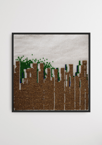 Framed vertical green and brown glass bead artwork, skyscraper silhouette Gujarati beadwork wall decor.