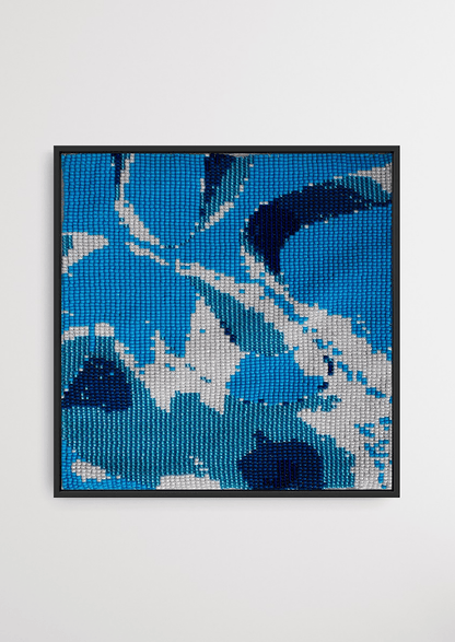 Framed soft indigo and blue abstract glass bead artwork, handcrafted Gujarati heirloom wall art.