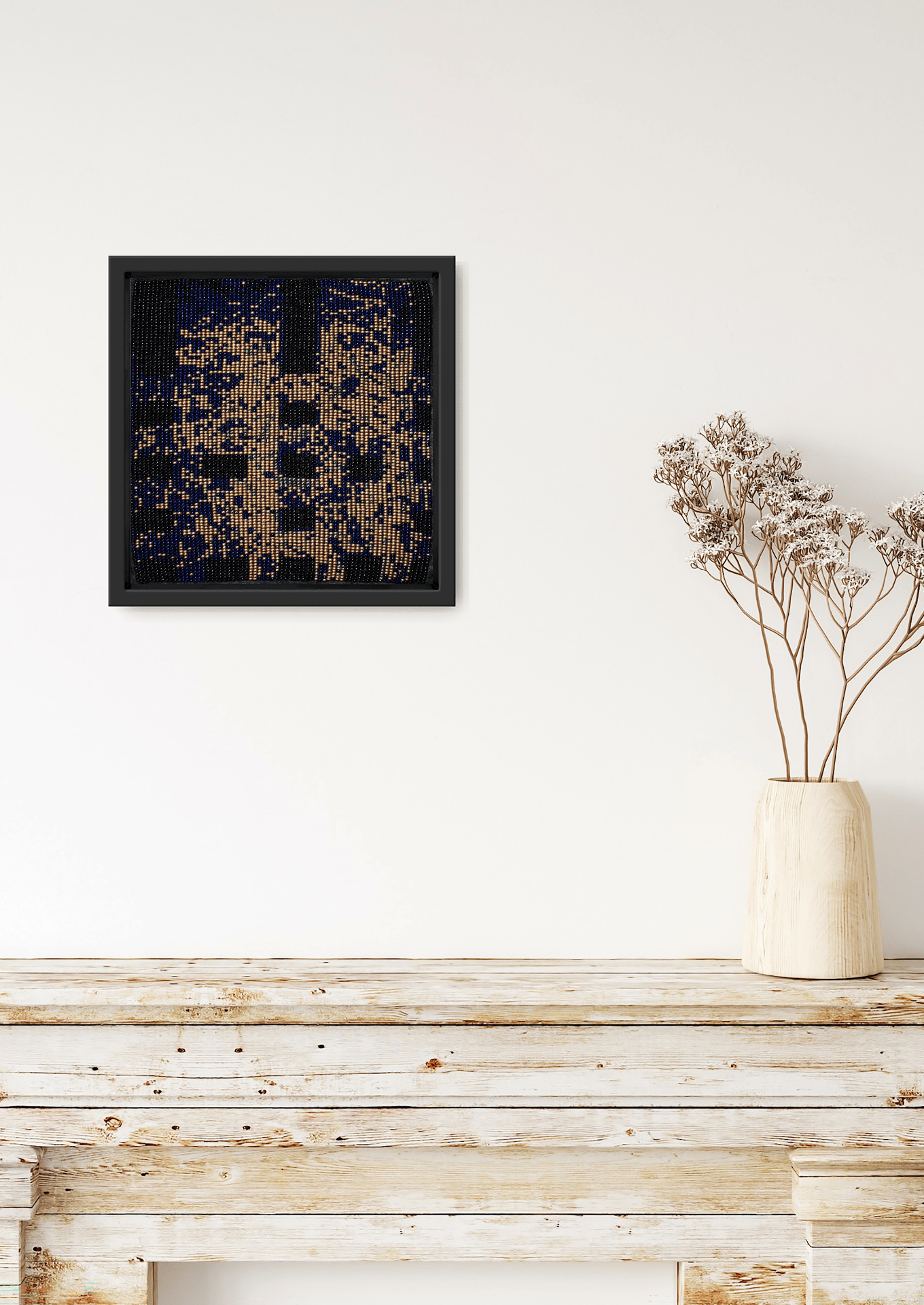 Glittering gold bead-loom artwork on a shelf, luxury Indian handicraft interior room decor.