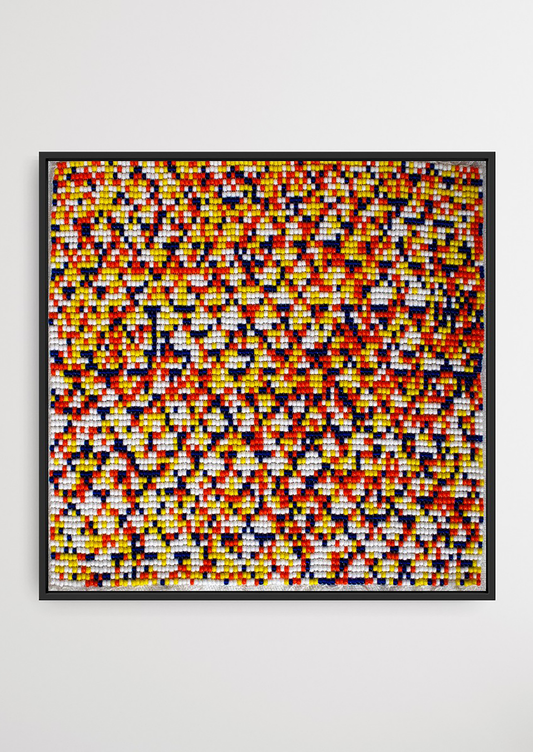 Framed dense yellow and red maze pattern glass bead artwork, premium Gujarati handicraft art.