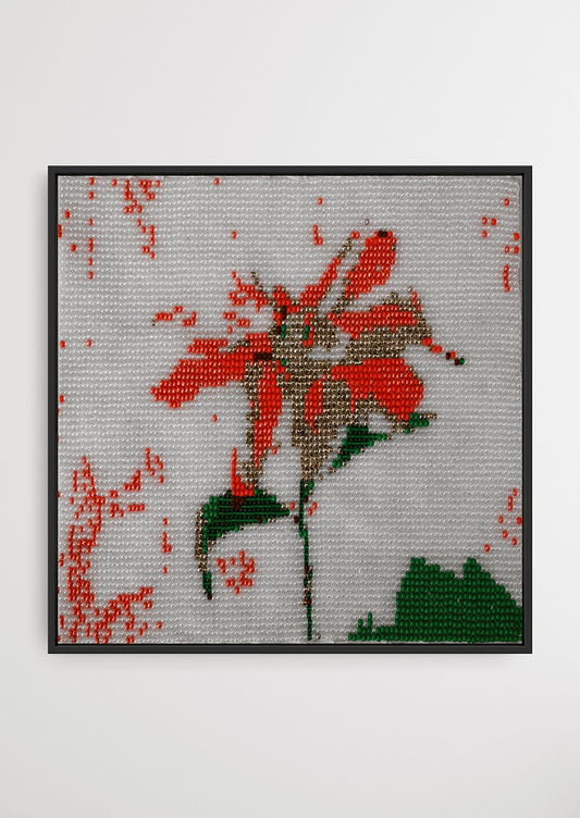 Framed vibrant orange floral glass bead artwork, premium Gujarati handwoven beadwork wall decor.