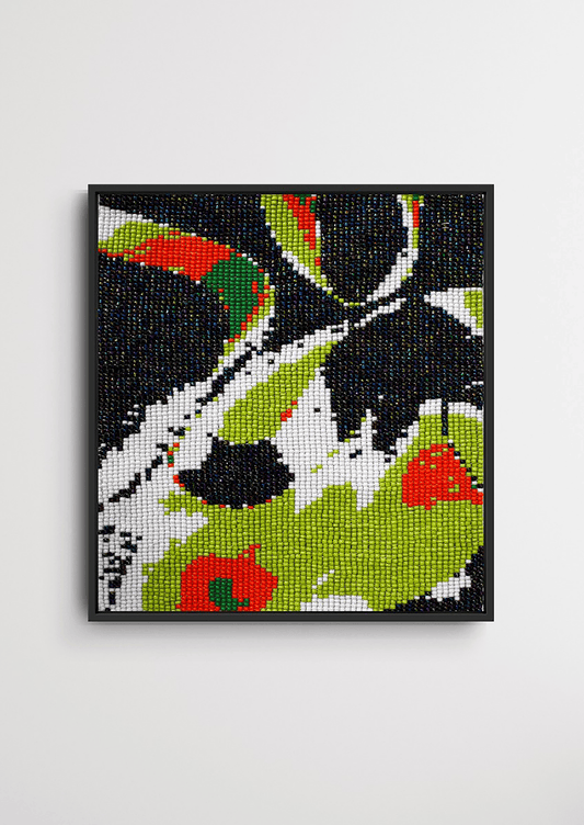 Framed black, green, and yellow circular glass bead artwork, premium Gujarati bead-loom wall art.