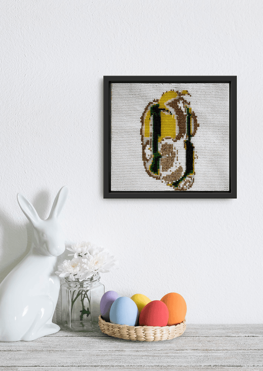 Framed green and yellow abstract glass bead artwork, traditional handwoven Gujarati beadwork wall decor.