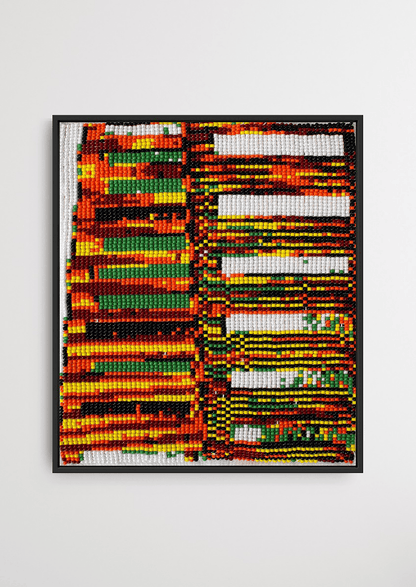 Framed intersecting green and red linear glass bead artwork, traditional Gujarati handicraft wall decor.