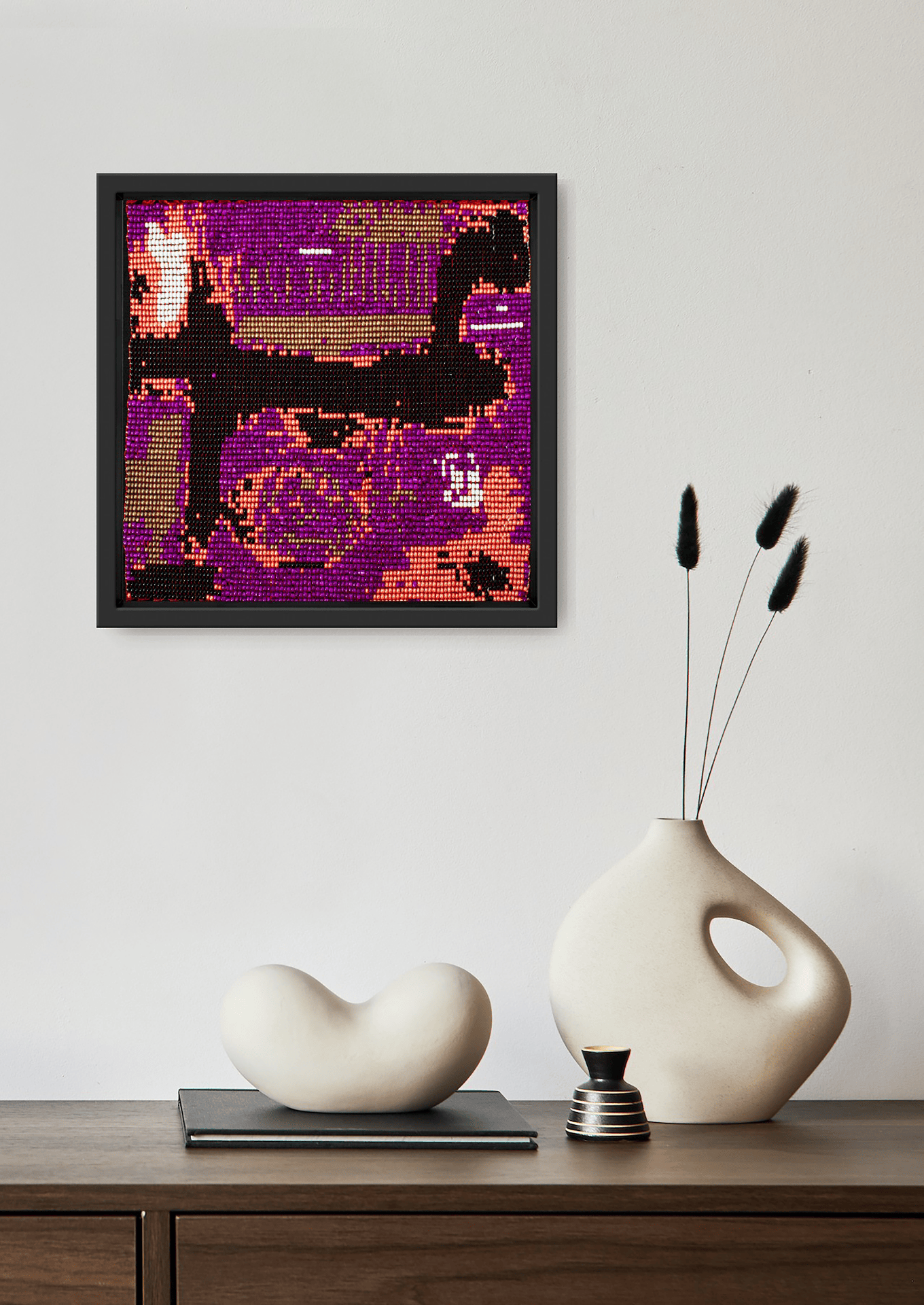 Framed dark purple and pink textured glass bead artwork, handwoven Gujarati beadwork premium wall decor.