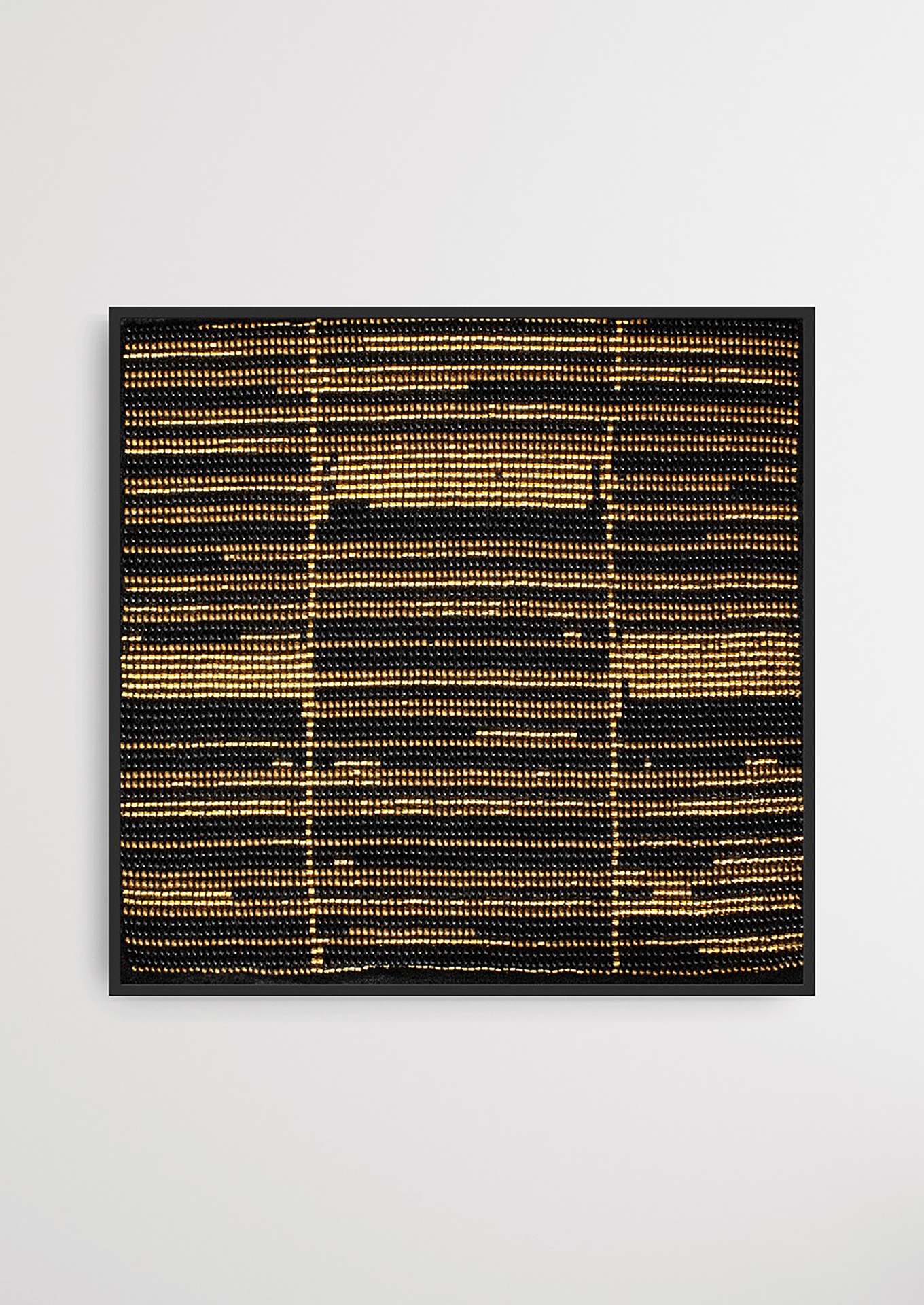 Framed black and gold geometric glass bead-loom artwork, handcrafted Gujarati heirloom wall decor.