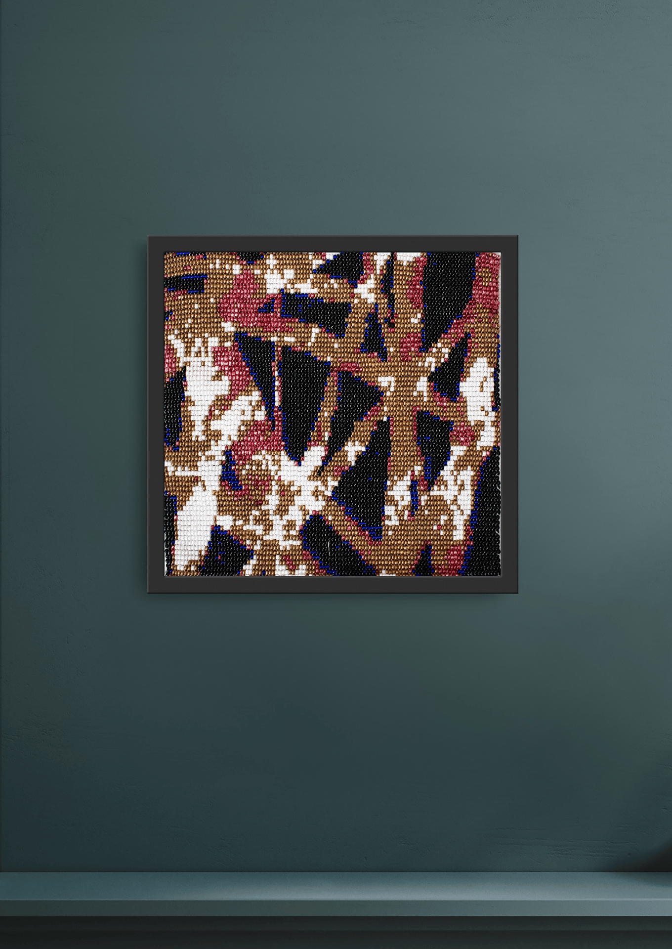 Framed gold and black criss-cross grid glass bead artwork, handcrafted Gujarati heirloom wall art decor.