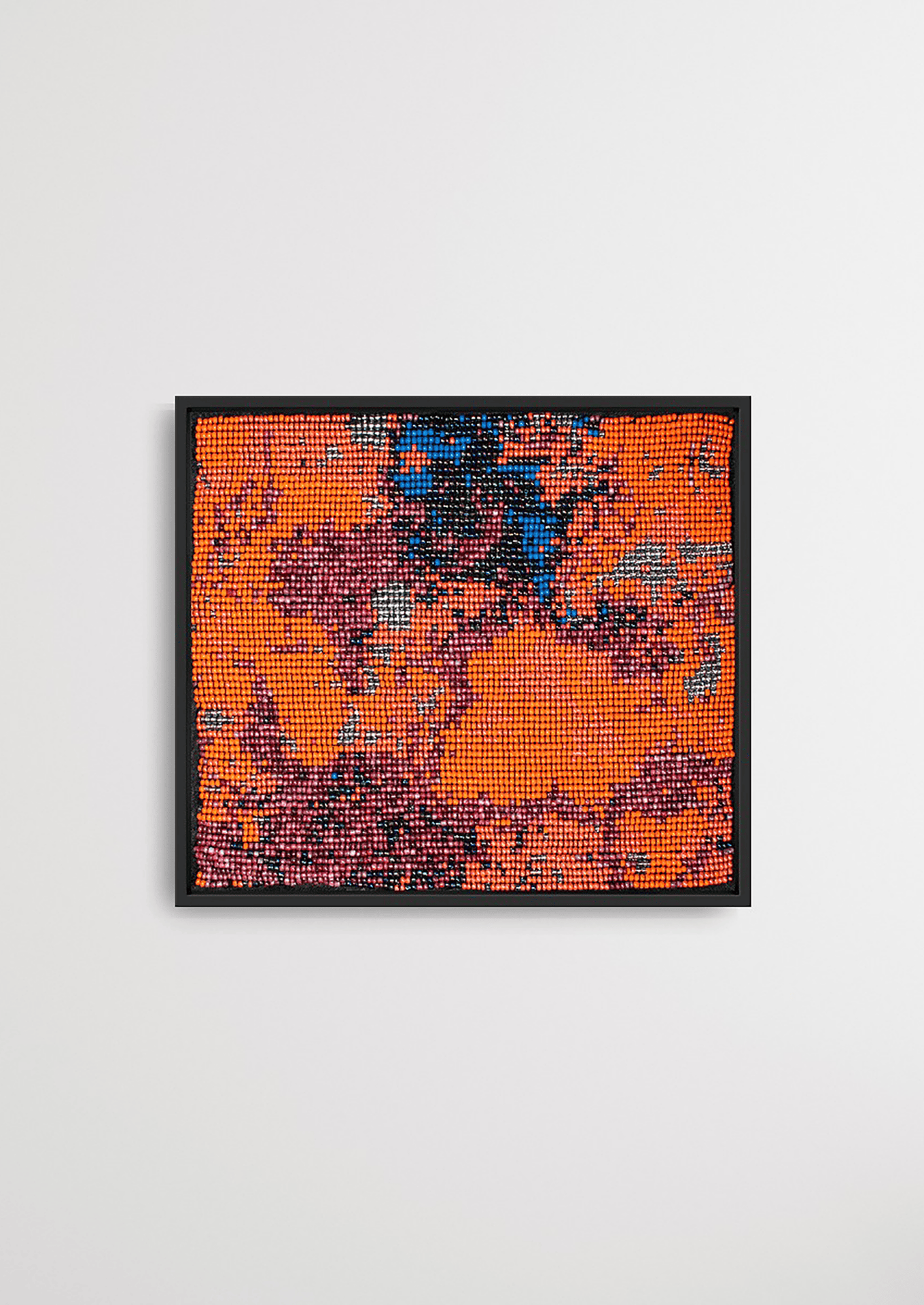 Framed orange and brown textured abstract glass bead artwork, handwoven Gujarati heirloom wall decor.