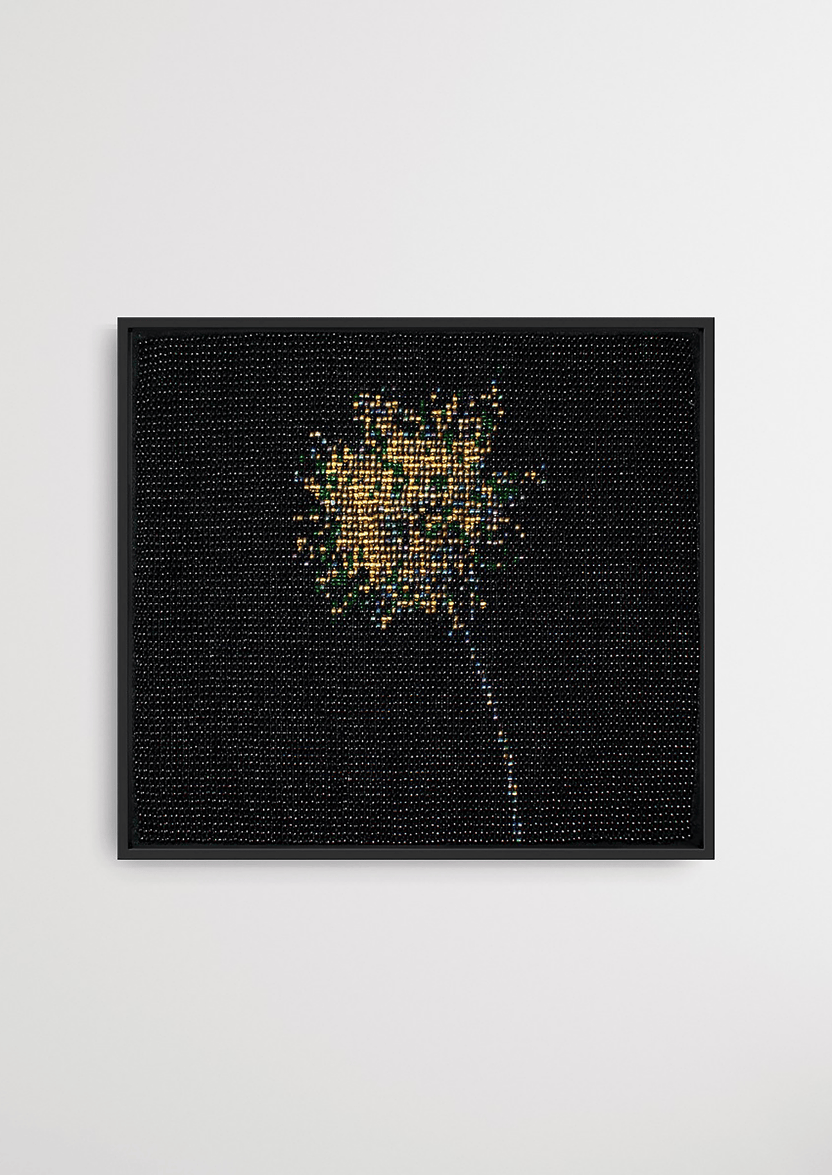 Framed black and yellow floral burst glass bead artwork, authentic Gujarati handicraft decor.