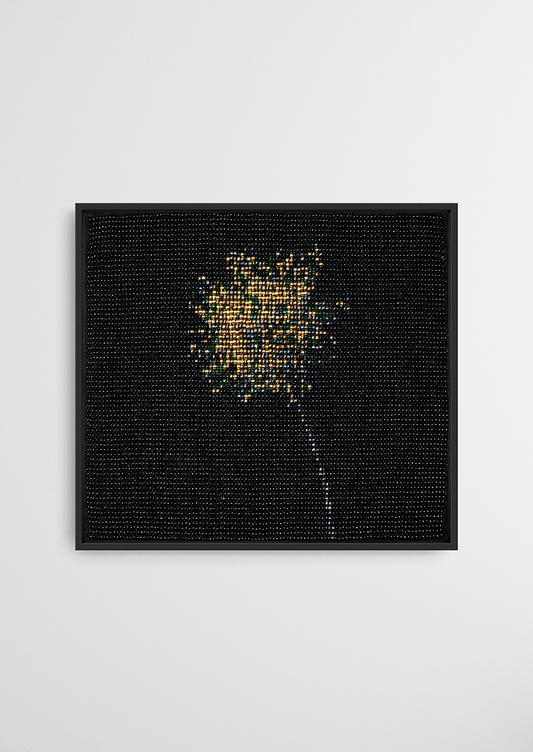 Framed black and yellow floral burst glass bead artwork, authentic Gujarati handicraft decor.