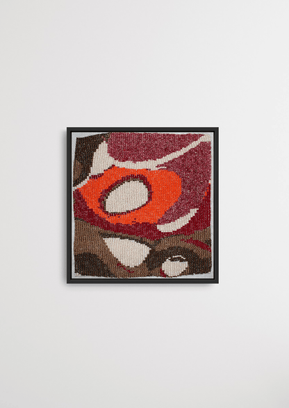 Framed red and brown organic circular glass bead artwork, handwoven Gujarati heirloom decor.