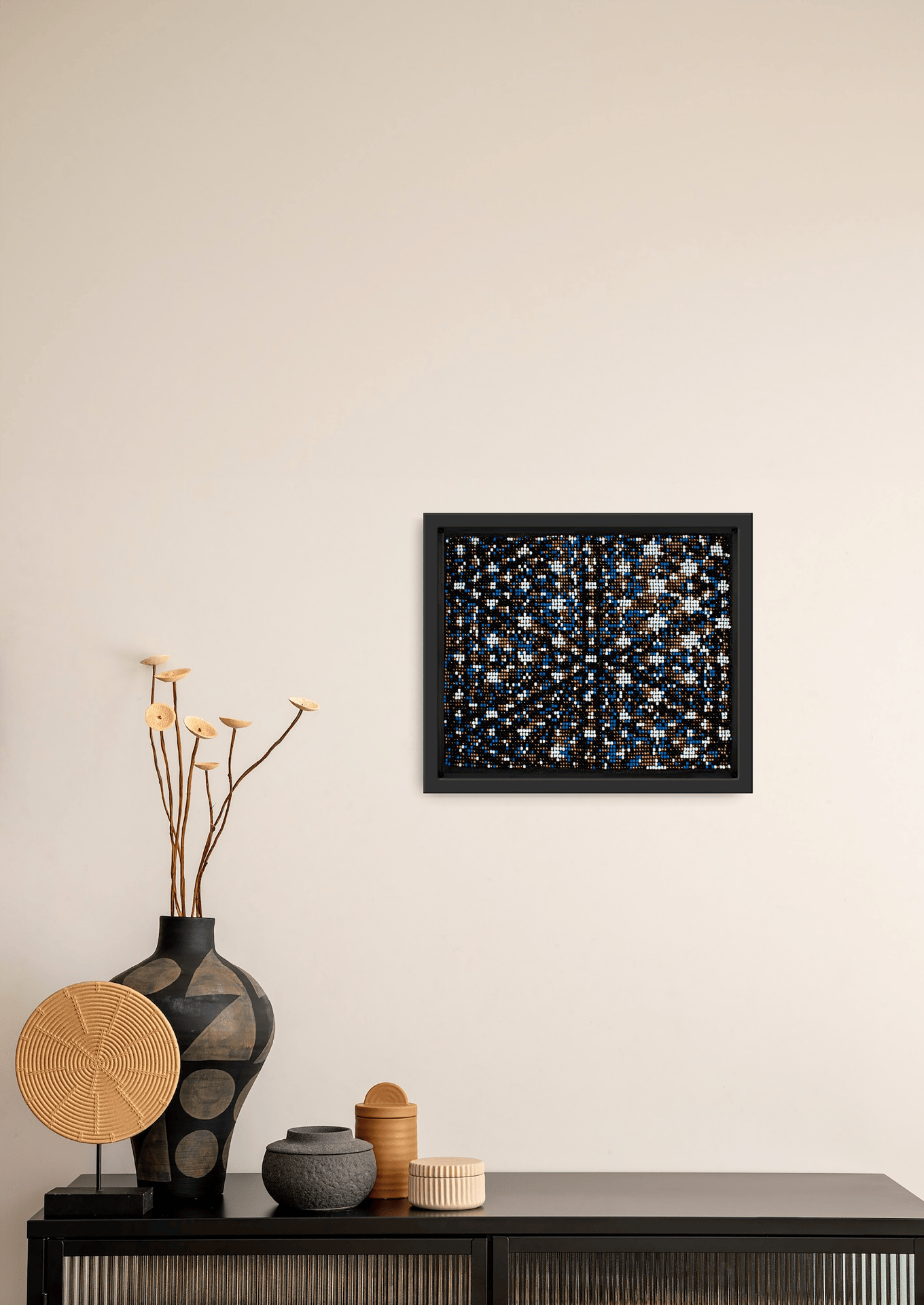 Framed shimmering dark and metallic glass bead artwork, authentic Gujarati handicraft wall decor.
