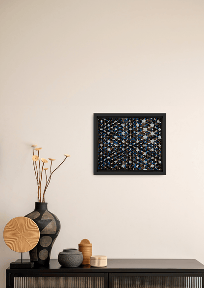 Framed shimmering dark and metallic glass bead artwork, authentic Gujarati handicraft wall decor.