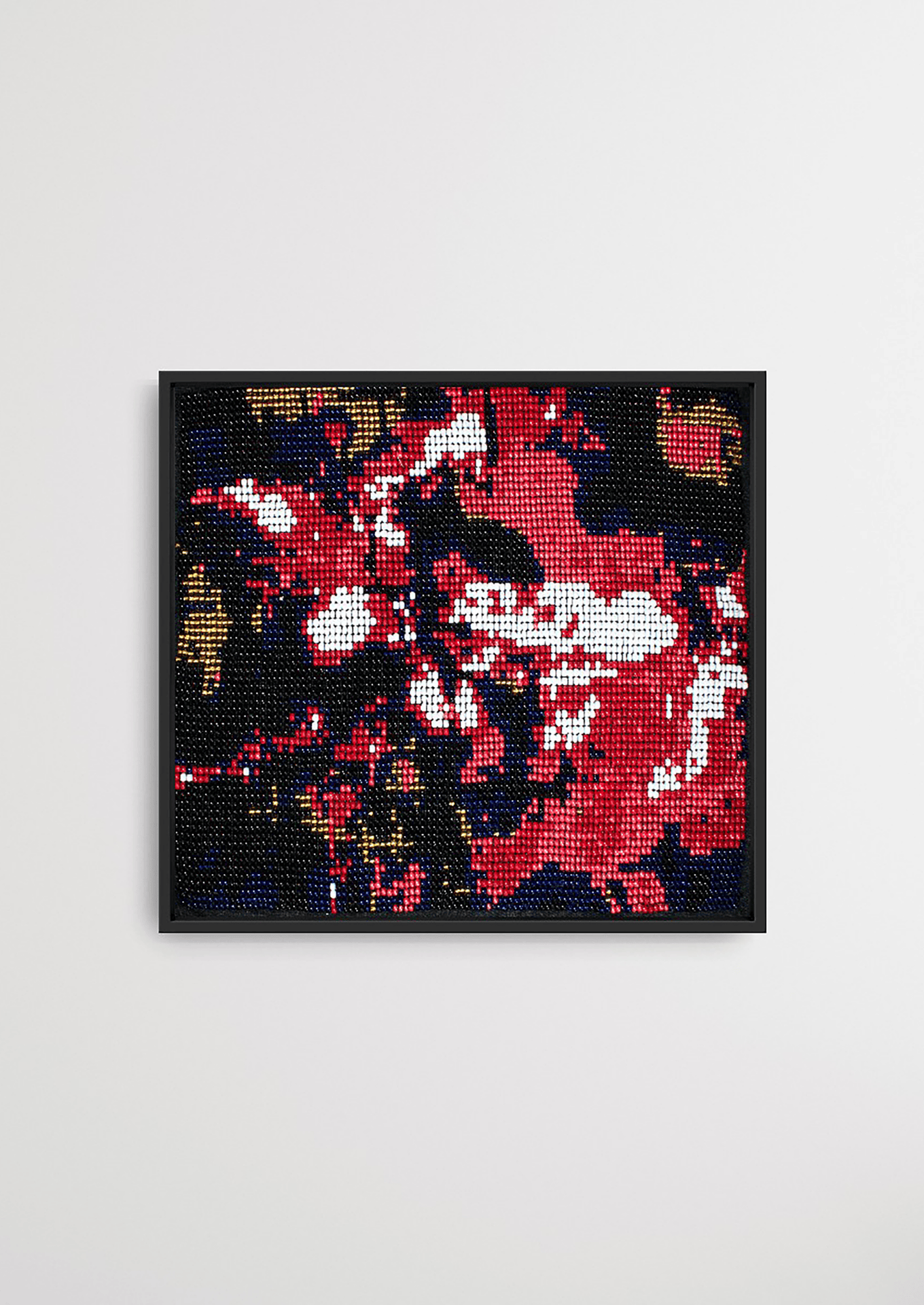 Framed red, black, and white chaotic pattern glass bead artwork, traditional Gujarati beadwork art.