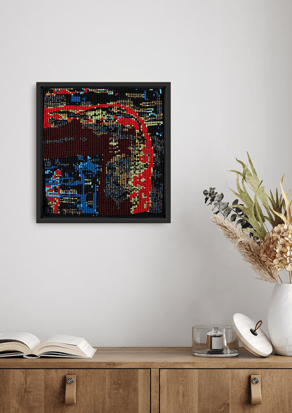 Framed dark abstract layered texture glass bead artwork, handcrafted Gujarati heirloom wall art above wooden cabinet.